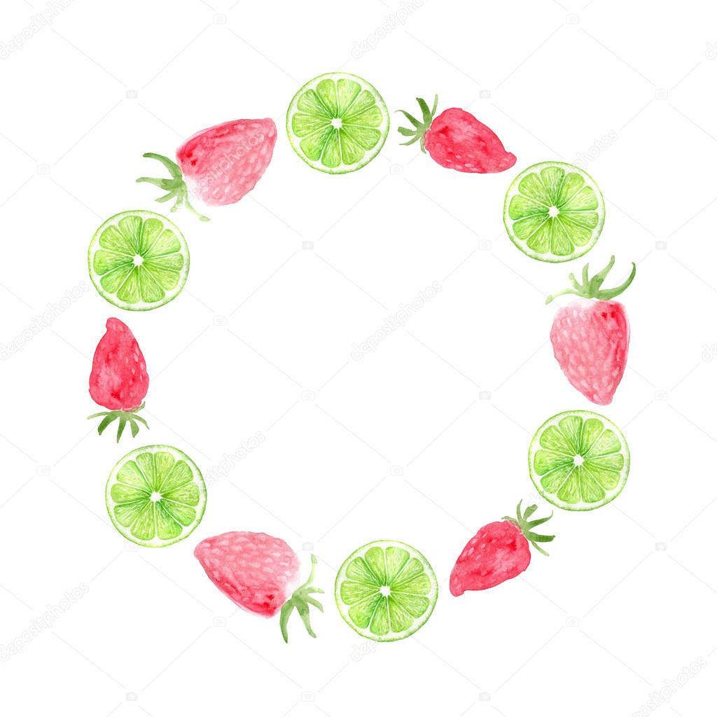 Watercolor citrus and strawberries wreath. Hand drawn illustration. For the design of invitations, greeting cards, wallpapers, banners, web