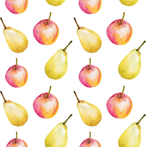 Padrão sem costura aquarela com maçãs e peras. Desenho desenhado à mão, fundo branco, ilustração de fruta de verão. Para o design de convites, cartões de felicitações, papéis de parede, banners, web — Fotografia de Stock