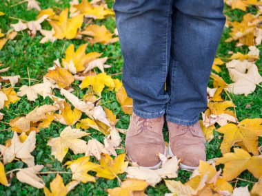 Bacak üzerinde sonbahar Ayakkabı kavramsal görüntü bırakır. Ayak ayakkabı doğada yürüyüş