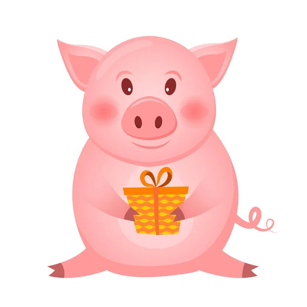 Pequeño personaje de cerdo rosa con presente, El año del cerdo . — Archivo Imágenes Vectoriales