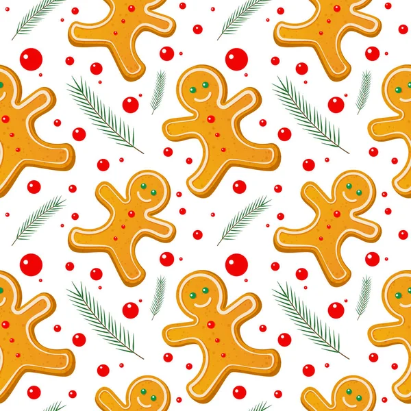 Gingerbread man naadloze patroon. Schattig vector achtergrond voor Nieuwjaar s dag, Kerstmis, wintervakantie, koken, s vooravond van Nieuwjaar, voedsel. Schattig Xmas achtergrond. — Stockvector