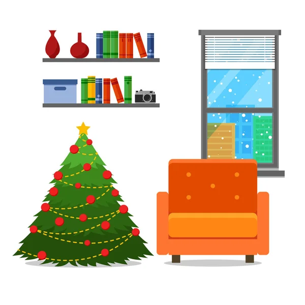 クリスマスの部屋のインテリア。クリスマス ツリーの wih のアームチェア。フラット スタイルのベクトル図. — ストックベクタ