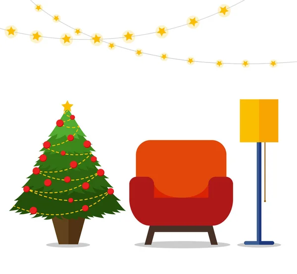 カラフルな漫画フラット スタイルのクリスマス ルームのインテリア。クリスマス ツリー、デコレーション、肘掛け椅子、ランプ. — ストックベクタ