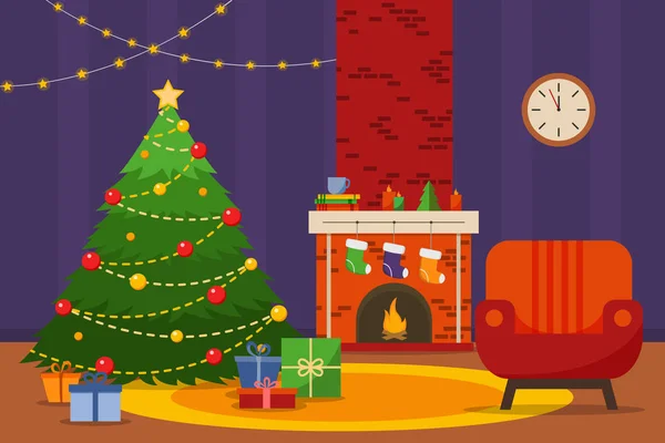 Christmas room interior. Christmas tree, armchair and fireplace with gifts, socks, Flat style vector illustration. Stock Illustration
