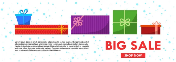 Plantilla de banner de venta de Navidad con cajas de regalo. Ilustración plana del vector — Vector de stock