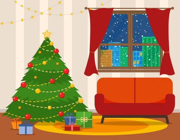 クリスマスの部屋のインテリア。クリスマス ツリーの wih のソファ。フラット スタイルのベクトル図. — ストックベクタ