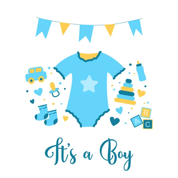 Birth of a boy. Vector hand drawn doodle illustration, cartoon flat style — Stock vektor