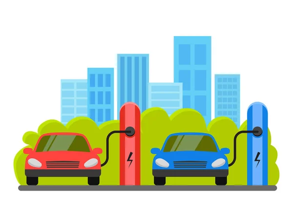 Coches eléctricos en la estación de carga. El fondo del paisaje urbano. Ilustración vectorial plana — Archivo Imágenes Vectoriales