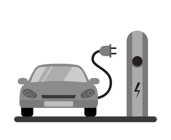 Elektrische auto en opladen station elektriciteitssymbool, geïsoleerd op witte achtergrond — Stockvector