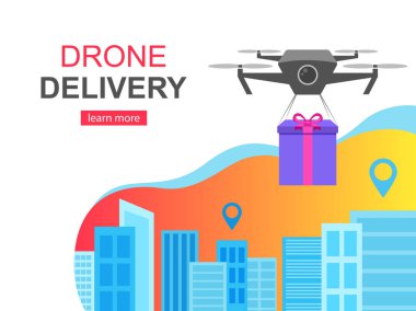 Uçan uçak teslimat mevcut ve açılış sayfası şablonu Cityscape, büyük şehir Modern teknolojileri kavramı, vektör çizim,