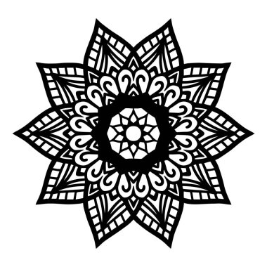 Beyaz izole arka planda yuvarlak siyah Mandala. Çiçek ve kalp desenleri ile vector Boho Mandala. Anti-stres terapisi, dekoratif yuvarlak süsleme. El ile çizilmiş arka plan