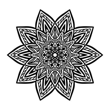 Beyaz izole arka planda yuvarlak siyah Mandala. Vektör Boho çiçek desenleri ile mandala. Anti-stres terapisi, dekoratif yuvarlak süsleme. El ile çizilmiş arka plan