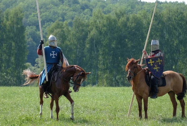 Caballero Medieval Con Una Lanza Caballo Sobre Fondo Bosque Verde — Foto de Stock