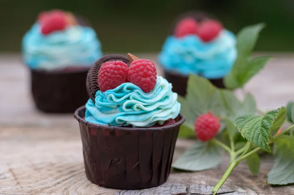beautiful cupcakes with blue cheese cream decorated with fresh raspberries and almonds on wooden background