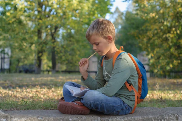 Европейский Мальчик Студент Делает Домашнее Задание Блокноте Сидит Красивом Осеннем — стоковое фото