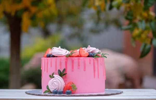 秋の庭のテーブルで新鮮な果実で飾られた美しい繊細なクリーム ピンク クリーム ケーキ — ストック写真