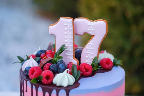 Красивый праздничный торт с номером семнадцать — стоковое фото