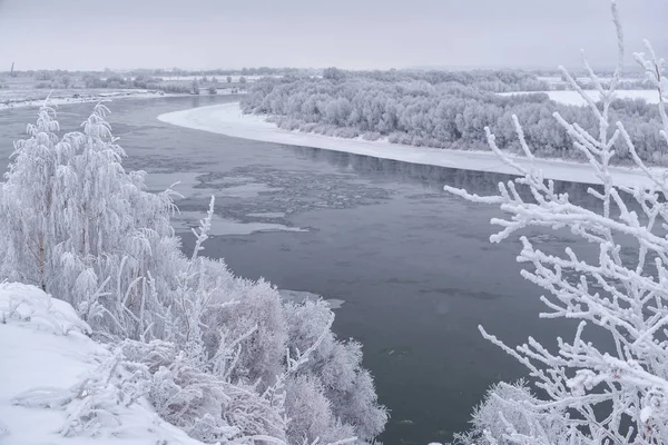 Beautiful Winter Landscape Wide River Snow Covered Silvery Trees Banks — Stock Photo, Image