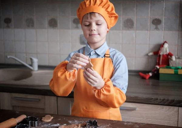 Cute European Boy Chef Cap Apron Prepares Ginger Cookies Kitchen — Stock Photo, Image