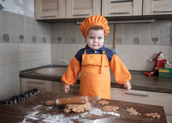 cute European boy in a chef\'s cap and apron prepares ginger cookies in the kitchen at the table