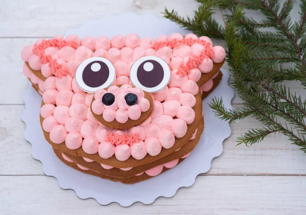 Beautiful cake for the new year 2019 in the shape of a pig's head — Stock Photo, Image