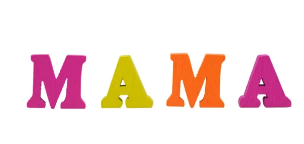 Englisches Wort mama aus bunten Holzbuchstaben auf weißem Hintergrund — Stockfoto