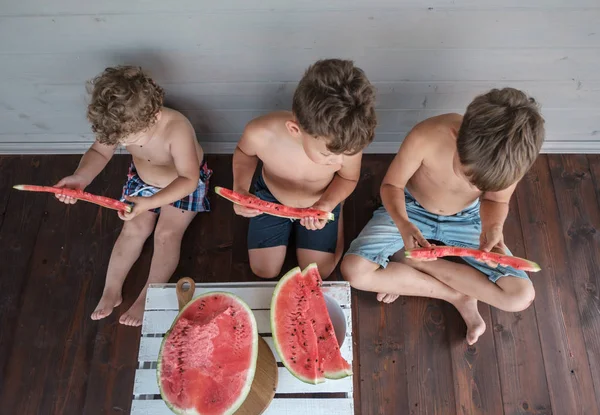 three brothers eat together a juicy ripe watermelon on the veranda of a wooden house