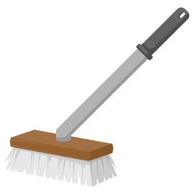 Banyo temizleme fırçası vektör çizimi, ev temizlik aletleri, temizlik ekipmanları için uzun saplı fırça, beyaz arka planda izole EPS