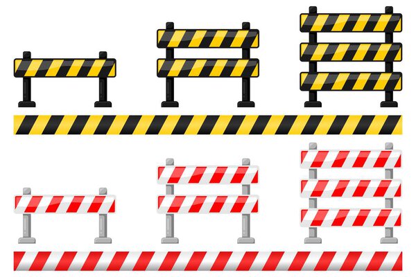 Construction barrier vector illustration, red and white striped roadblock and yellow black safety barricade isolated on white background
