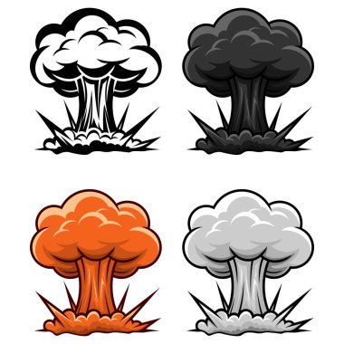 Mantar bulutu patlaması vektörü, kırmızı turuncu, siyah siluet, gri ve çizgi sanat versiyonları ile atom bombası patlaması, beyaz arka planda izole edilmiş nükleer füze patlamasının karikatür çizimi