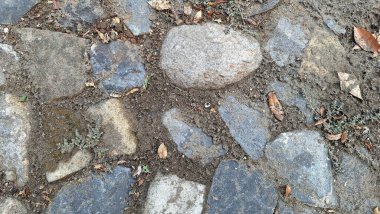 Boşlukları dolduran toprak ve yosun içeren doğal taş kaldırımlara yakın çekim. Kırsal açık zemin, geleneksel mimari, bahçe yolu ve inşaat malzemelerini temsil eder..