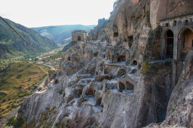 View of Vardzia, ancient cave monastery complex excavated from Erusheti Mountain on the left bank of the Mtkvari River, near Akhaltsikhe, Georgia country
