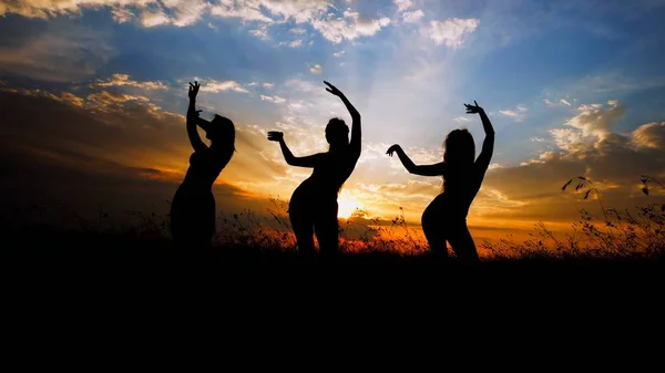 Female black silhouettes doing yoga in steppe, sunset background. — Stock Photo, Image