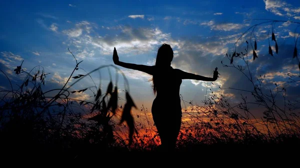 夜の草原の背景でアーサナを行う女性の黒いシルエット. — ストック写真