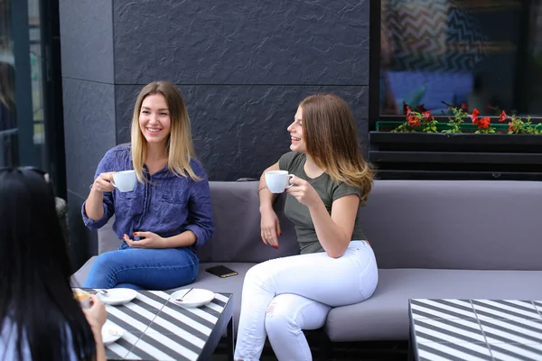 Positive female friends drinking coffee and sitting at cafe.