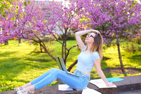 Schönes Mädchen studiert mit Laptop und Papieren im Park. — Stockfoto