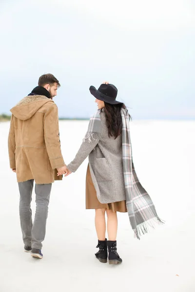 Jovem mulher e homem andando na neve e de mãos dadas, usando casaco, cachecol cinza e chapéu . — Fotografia de Stock
