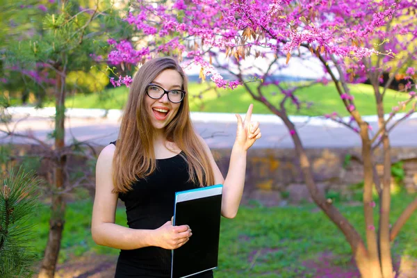 Beautiful female secretary in glasses standing in blooming park and keeping with documents in black folder.