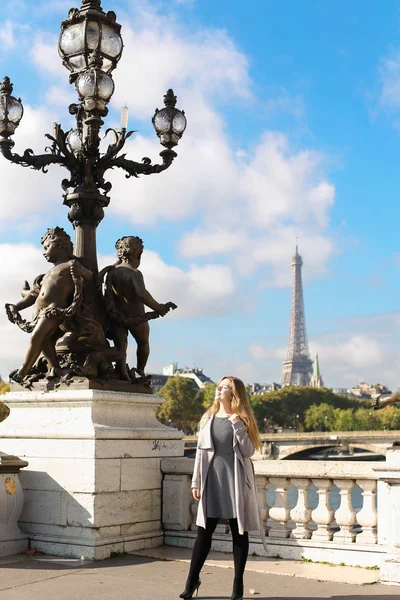Hezká žena stojící poblíž ročník pouličního osvětlení pozadí Seine a Eiffelova věž, Paříž. — Stock fotografie