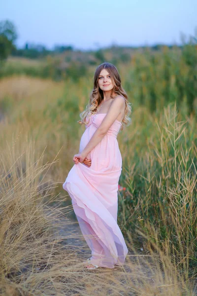 Grávida mulher vestindo vestido rosa em pé no fundo estepe . — Fotografia de Stock