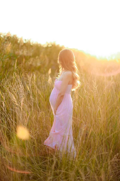 Zwangere vrouw permanent in de stralen van de zon met de achtergrond van de steppe, het dragen van roze jurk. — Stockfoto