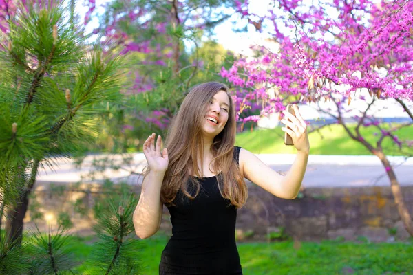 Vrouw video bellen door smartphone in voorjaar park. — Stockfoto