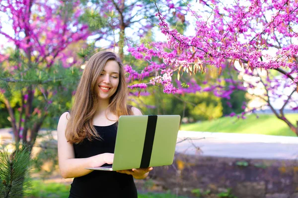 Studentessa che utilizza laptop con sfondo in fiore nel parco . — Foto Stock