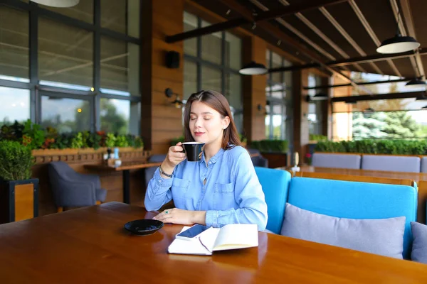 Hermosa persona femenina sentada en la cafetería con teléfono inteligente y portátil y beber café . — Foto de Stock