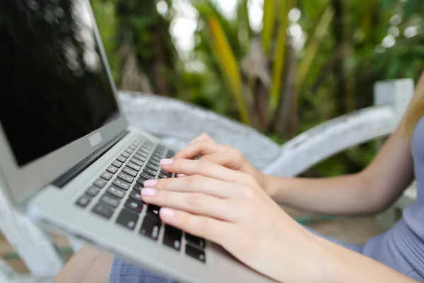 Mãos caucasianas femininas usando laptop, palmas no fundo . — Fotografia de Stock