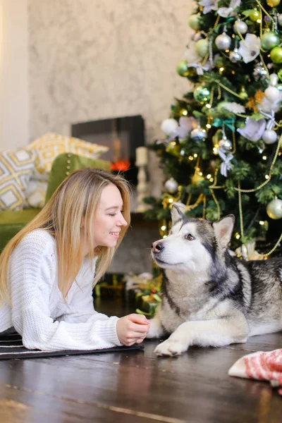 Young caucasian woman lying on floor with adult husky near Christmas tree. — Stock Photo, Image