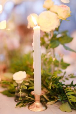 Tabloda yeşil bitkiler yakınındaki mum.