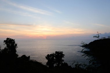 Güzel deniz manzara ve günbatımı, ağaçlar siluet.