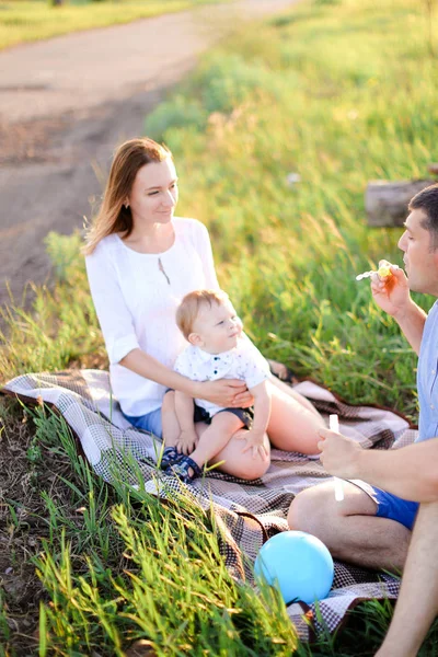 Giovani genitori seduti sull'erba con piccolo bambino e bolle che soffiano . — Foto Stock