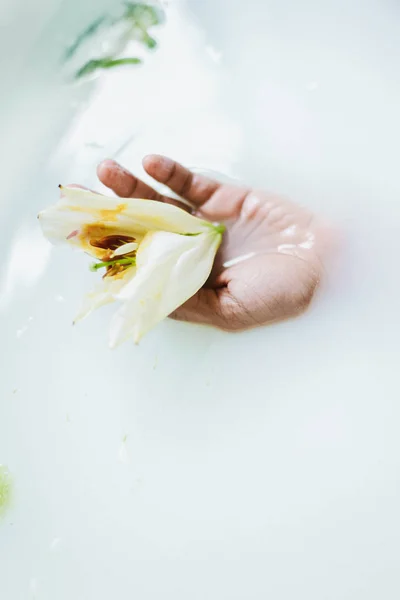 Female hand keeping lily, bath foam background. — Stock Photo, Image